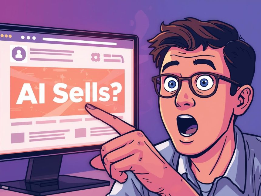 Marketer reacting with surprise while reviewing AI-generated product descriptions on an e-commerce dashboard