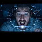 A marketer with a determined expression points at fading search results on a bright AI-generated interface, symbolizing AI Overview Optimization.