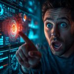 Marketer reacting to futuristic AI dashboard showing predictive charts, expressing surprise and insight about AI marketing trends 2026.