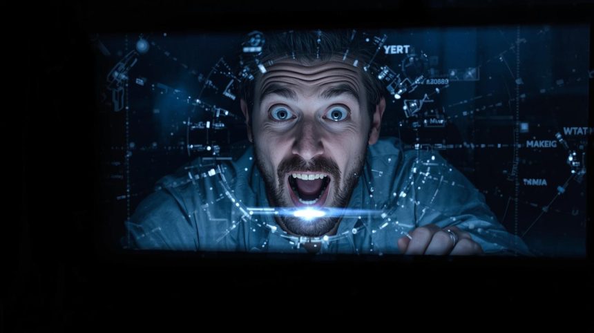 A marketer with a determined expression points at fading search results on a bright AI-generated interface, symbolizing AI Overview Optimization.