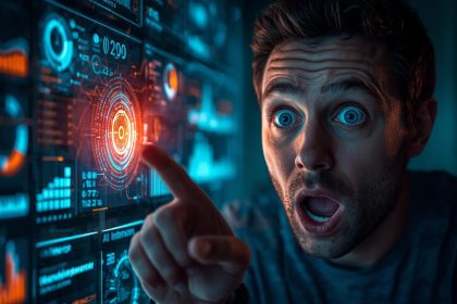 Marketer reacting to futuristic AI dashboard showing predictive charts, expressing surprise and insight about AI marketing trends 2026.