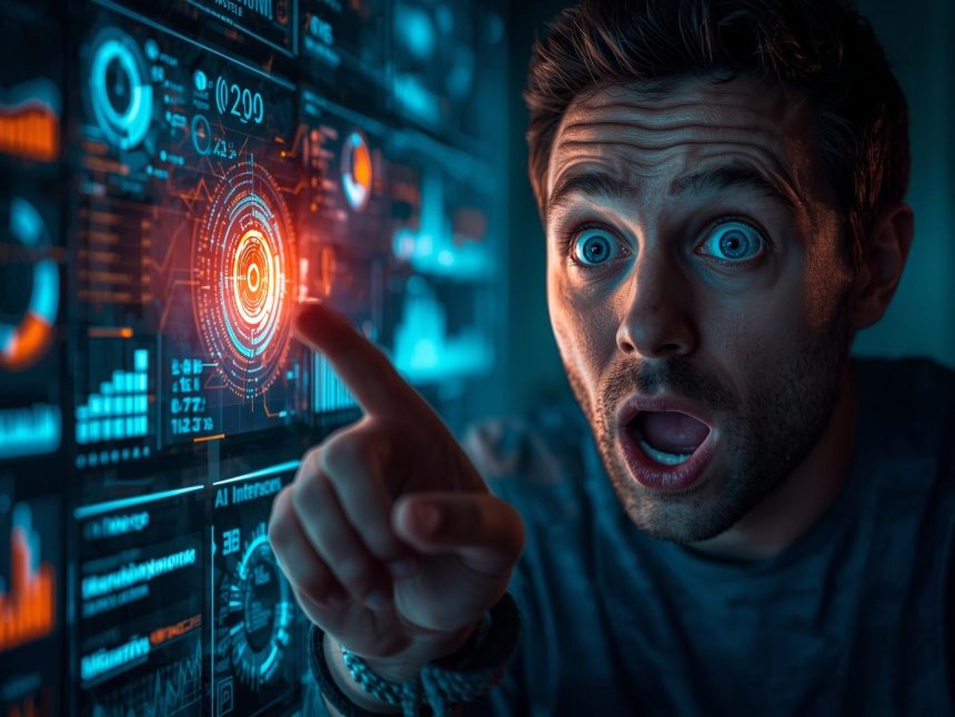 Marketer reacting to futuristic AI dashboard showing predictive charts, expressing surprise and insight about AI marketing trends 2026.
