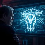 Emotional creative director looking at an AI-generated video storyboard glowing in neon light, showing the shift toward AI-powered creative direction.