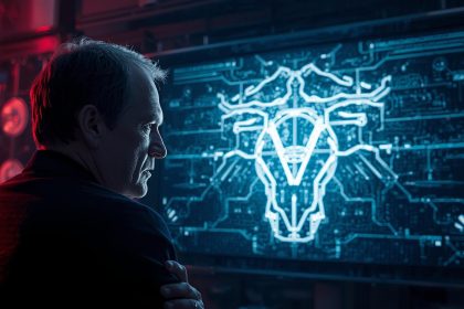 Emotional creative director looking at an AI-generated video storyboard glowing in neon light, showing the shift toward AI-powered creative direction.