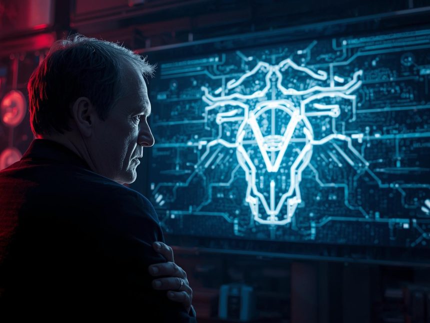 Emotional creative director looking at an AI-generated video storyboard glowing in neon light, showing the shift toward AI-powered creative direction.