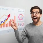 Affiliate manager reacting to rising dashboard metrics, confident expression, AI-powered affiliate growth.