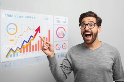 Affiliate manager reacting to rising dashboard metrics, confident expression, AI-powered affiliate growth.