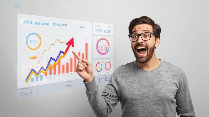 Affiliate manager reacting to rising dashboard metrics, confident expression, AI-powered affiliate growth.