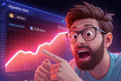 Creator pointing at engagement dashboard with surprise, highlighting Social Media Algorithms in 2026 and retention metrics.