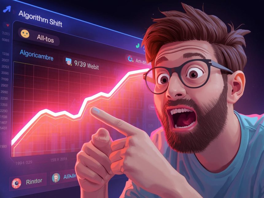 Creator pointing at engagement dashboard with surprise, highlighting Social Media Algorithms in 2026 and retention metrics.