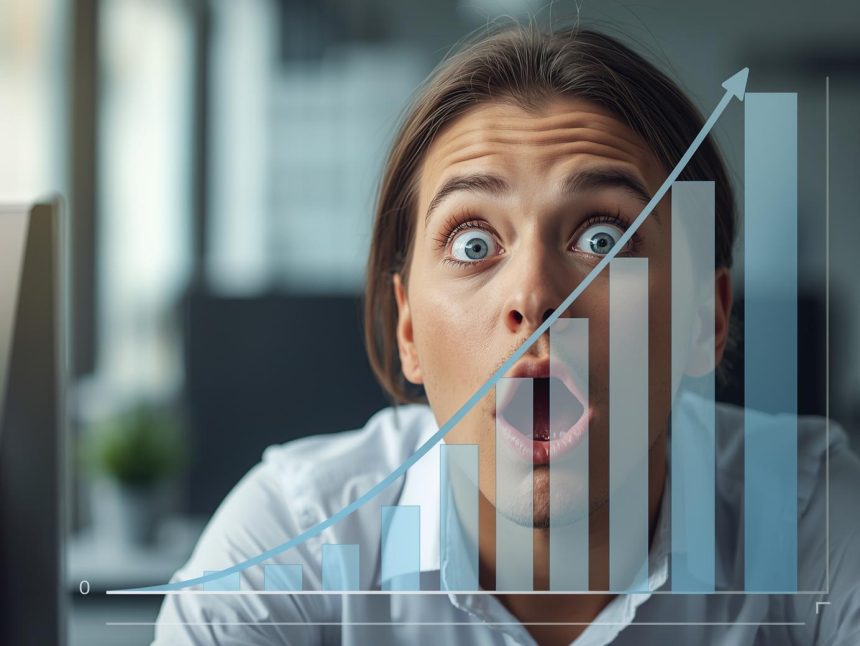 Marketer reacting with surprise to AI dashboard detecting an early social media trend before it peaks.