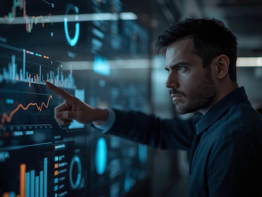 Analyst reviewing performance analytics dashboard with focused expression before January planning