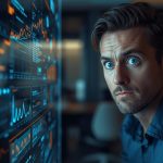 Surprised marketer looking at predictive AI dashboard designing a campaign before briefing, showing curiosity and insight.