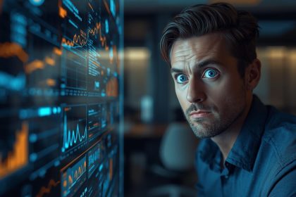 Surprised marketer looking at predictive AI dashboard designing a campaign before briefing, showing curiosity and insight.