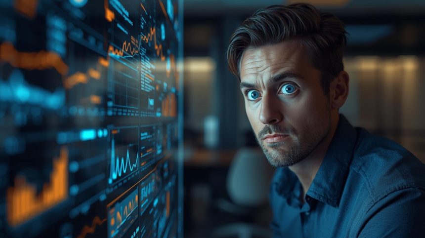 Surprised marketer looking at predictive AI dashboard designing a campaign before briefing, showing curiosity and insight.