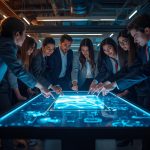 A surprised product creator viewing clustered community ideas on a bright screen, illustrating excitement in user-led co-creation.