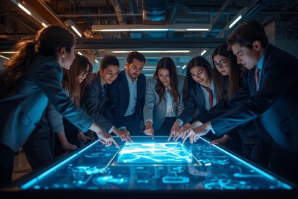 A surprised product creator viewing clustered community ideas on a bright screen, illustrating excitement in user-led co-creation.