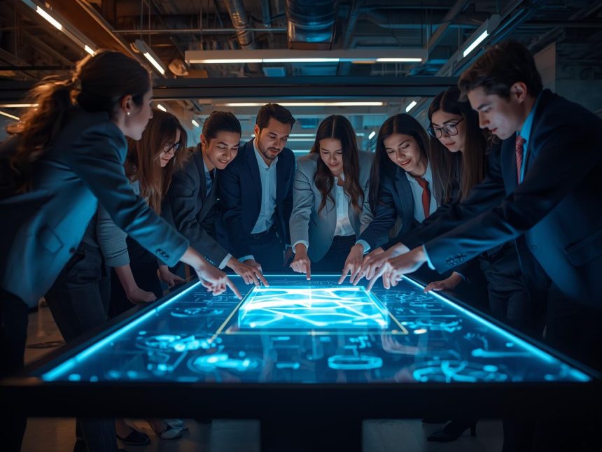 A surprised product creator viewing clustered community ideas on a bright screen, illustrating excitement in user-led co-creation.