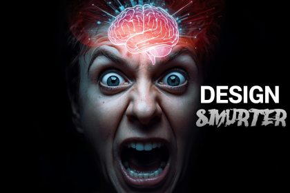 Designer reacting with surprise while neural graphics appear on screen, representing neuro-design for higher creative impact.