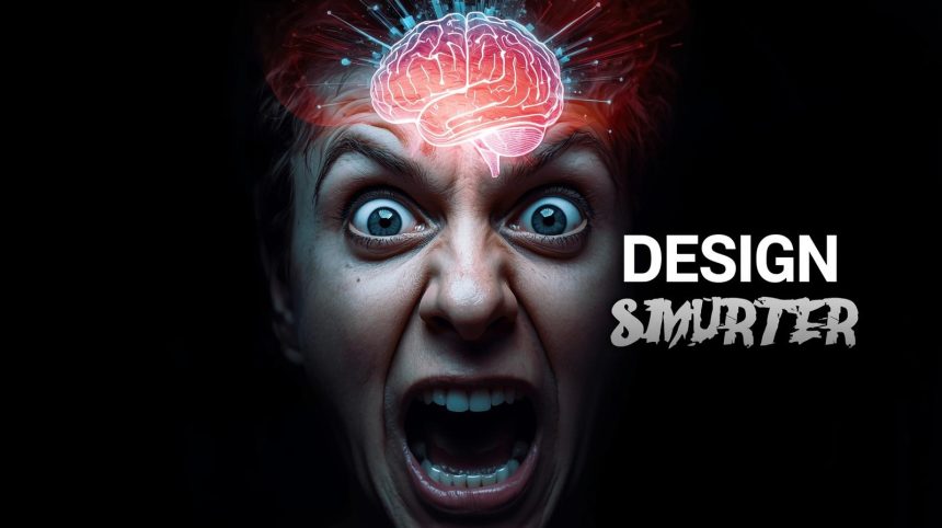 Designer reacting with surprise while neural graphics appear on screen, representing neuro-design for higher creative impact.