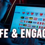 A community manager reviewing colorful safety alerts on a screen, with AI icons and engaged member avatars, illustrating online community governance.