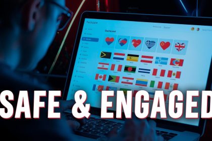 A community manager reviewing colorful safety alerts on a screen, with AI icons and engaged member avatars, illustrating online community governance.