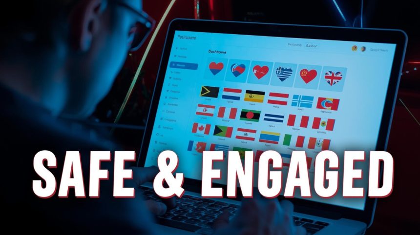 A community manager reviewing colorful safety alerts on a screen, with AI icons and engaged member avatars, illustrating online community governance.