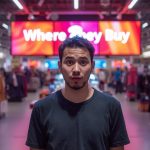 Retail marketer pointing at connected online and in-store icons with an “aha” expression, showing omnichannel conversion paths.