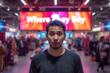 Retail marketer pointing at connected online and in-store icons with an “aha” expression, showing omnichannel conversion paths.