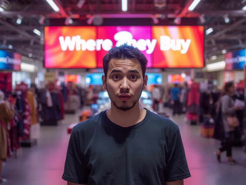 Retail marketer pointing at connected online and in-store icons with an “aha” expression, showing omnichannel conversion paths.