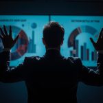 A marketing leader looking surprised while comparing two conflicting analytics charts, highlighting tension around Marketing Mix Modeling vs Attribution.