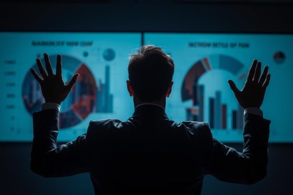 A marketing leader looking surprised while comparing two conflicting analytics charts, highlighting tension around Marketing Mix Modeling vs Attribution.