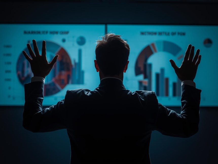 A marketing leader looking surprised while comparing two conflicting analytics charts, highlighting tension around Marketing Mix Modeling vs Attribution.