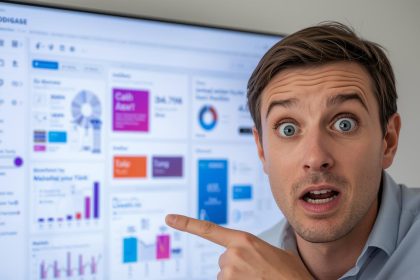 Marketer reacting with surprise while viewing AI-personalized email content blocks on a laptop screen.