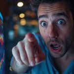 Marketer reviewing affiliate dashboard with surprised expression during year-end optimization checklist review.