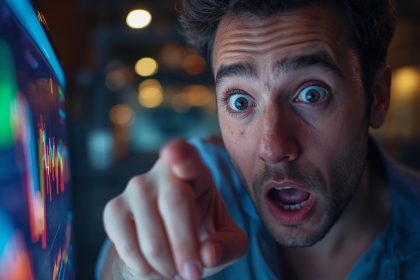 Marketer reviewing affiliate dashboard with surprised expression during year-end optimization checklist review.