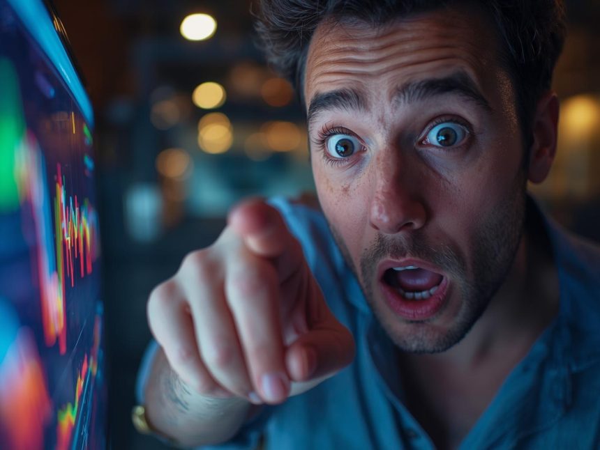 Marketer reviewing affiliate dashboard with surprised expression during year-end optimization checklist review.