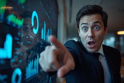 A surprised business professional pointing at rising analytics graphs on a laptop, showing excitement and clarity about affiliate marketing for high-ticket B2B products.