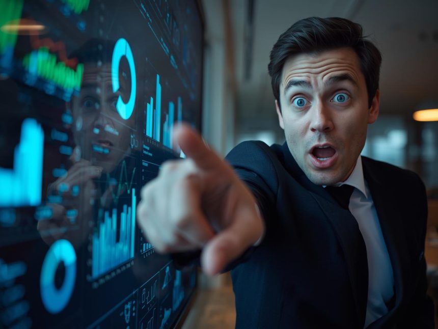 A surprised business professional pointing at rising analytics graphs on a laptop, showing excitement and clarity about affiliate marketing for high-ticket B2B products.