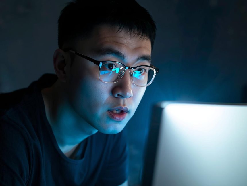 Creative professional collaborating with AI on a laptop, surprised expression, representing human-AI creative collaboration.