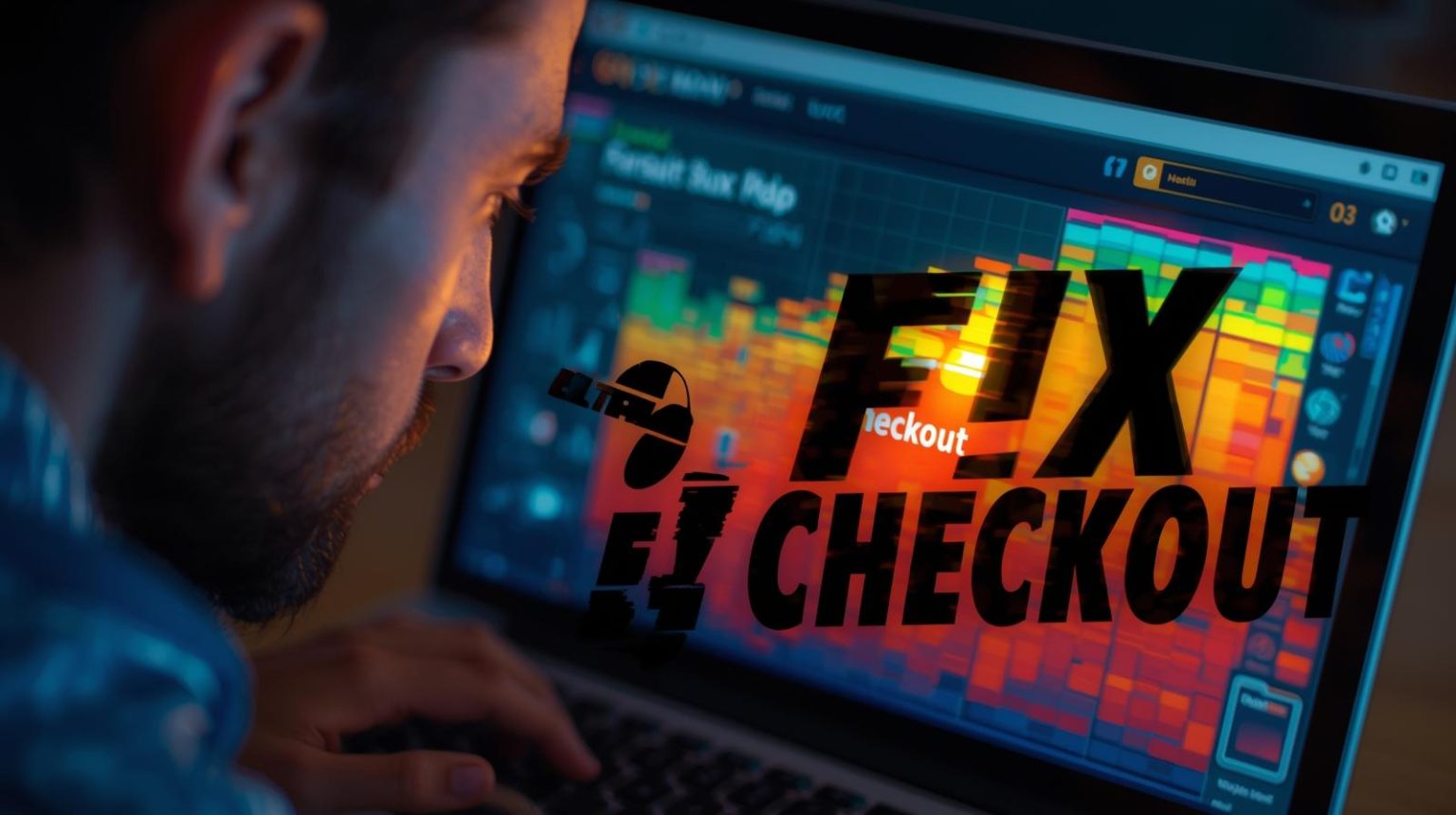 Marketer looking at a vivid e-commerce checkout heatmap on a laptop, highlighting hot spots where visitors drop off, for e-commerce checkout optimization using heatmap insights.