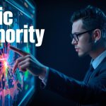 Person at a laptop pointing at a glowing topic map with highlighted content clusters, showing confidence and focus on topic authority in content marketing.