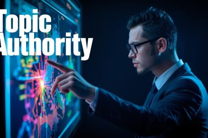 Person at a laptop pointing at a glowing topic map with highlighted content clusters, showing confidence and focus on topic authority in content marketing.