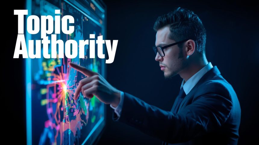 Person at a laptop pointing at a glowing topic map with highlighted content clusters, showing confidence and focus on topic authority in content marketing.