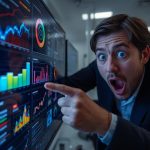 Digital marketer pointing at sustainability metrics dashboard with surprised expression, highlighting sustainable marketing measurement.