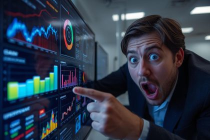 Digital marketer pointing at sustainability metrics dashboard with surprised expression, highlighting sustainable marketing measurement.