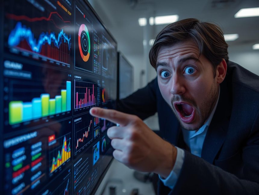 Digital marketer pointing at sustainability metrics dashboard with surprised expression, highlighting sustainable marketing measurement.