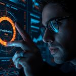 A marketer looks intensely at a glowing predictive analytics dashboard, expressing focus and anticipation while analyzing Advanced ROAS Optimization signals.