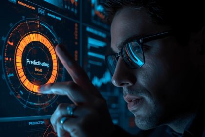 A marketer looks intensely at a glowing predictive analytics dashboard, expressing focus and anticipation while analyzing Advanced ROAS Optimization signals.