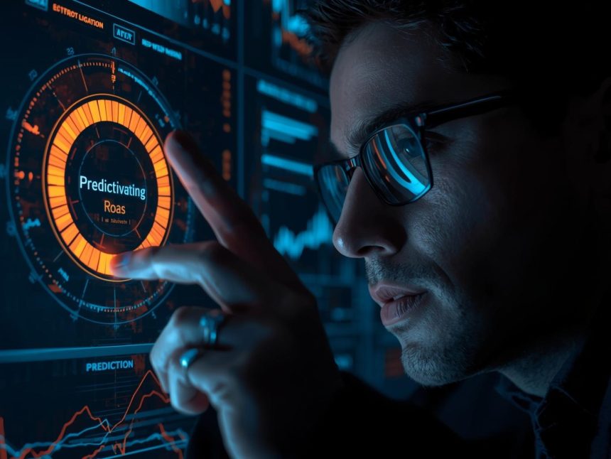 A marketer looks intensely at a glowing predictive analytics dashboard, expressing focus and anticipation while analyzing Advanced ROAS Optimization signals.